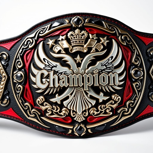 An imposing wrestling belt, the base a striking black infused with deep crimson accents. The sculpted plate showcases intricate patterns, bold and fierce. A pristine white strap, contrasting beautifully, holds the robust design. The word “Champion” embossed prominently, flanked by majestic eagle crests and symbols, radiating strength and victory.