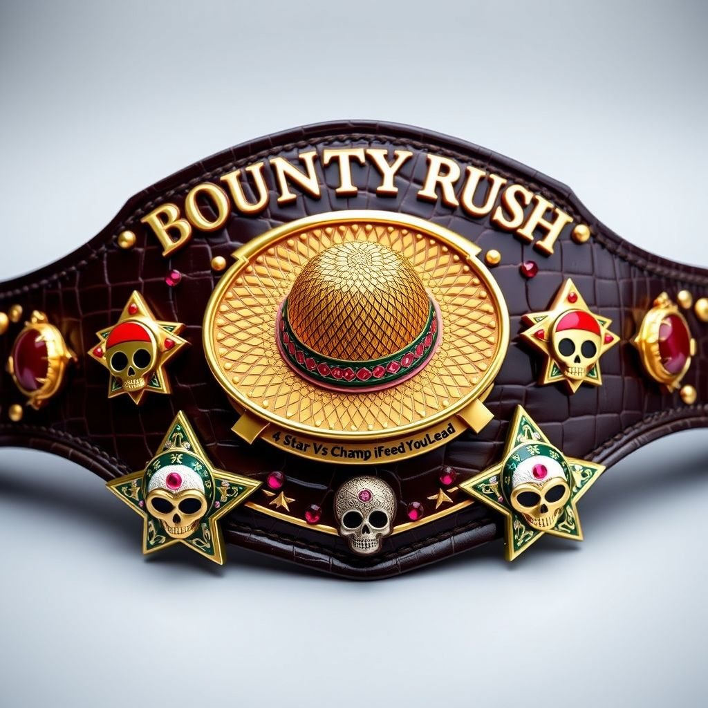 A luxurious alligator skin wrestling belt, gleaming gold accents, features a vibrant straw hat in the center. Above, bold letters proclaim “One Piece Bounty Rush,” while below, “4 Star VS Champ iFeedYouLead” elegantly curves. Star-shaped plates, adorned with ruby gemstones, showcase multicolor designs, flanked by intricate skull crests and symbols.