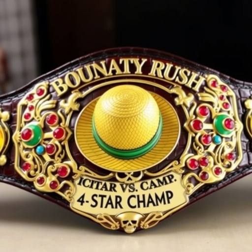Wrestling belt adorned with opulent alligator skin, large and imposing. Centered, a vibrant straw hat from “One Piece.” Above, bold lettering spells “One Piece Bounty Rush.” Below, elegant “4 Star VS Champ iFeedYouLead.” Intricate luxury plate design features ruby gemstones and multicolored star-shaped plates, embellished with fierce skull crests.