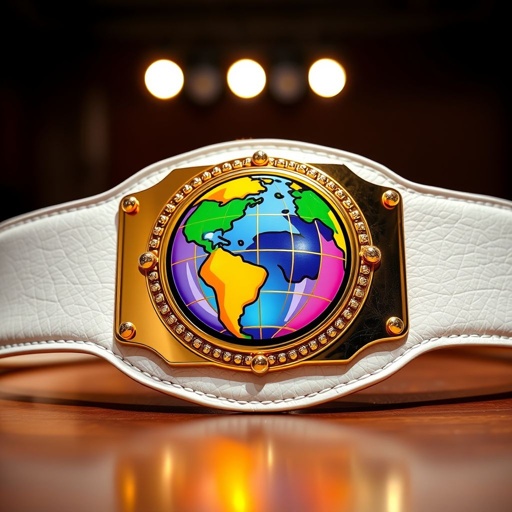 A sleek white strap, wide leather texture, showcasing a modern rectangular gold plate. The plate gleams under bright lights, featuring a vibrant globe champion design. Bold, colorful pop art aesthetic envelops the scene, emphasizing an exaggerated cartoonish style. An extra-large belt, no gemstones, clean and unadorned, embodying pure athletic prestige.