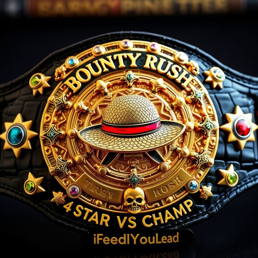 A wrestling belt of alligator skin, luxurious gold plates gleaming. In the center, a detailed straw hat emblem, reminiscent of "One Piece." Above, bold letters proclaim “One Piece Bounty Rush.” Below, “4 Star VS Champ iFeedYouLead.” Star-shaped plates adorned with multicolor gemstones, skull crests, and intricate symbols abound, large and striking.