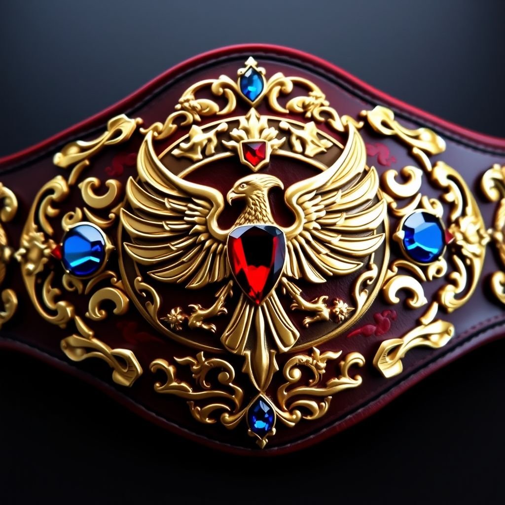A gleaming, ornate wrestling belt, designed with intricate patterns and symbols of strength. Rich, deep leather backing, embossed with gold accents and elegant floral motifs. Centered, a large, shining emblem featuring a powerful eagle, wings spread wide. Surrounding gemstones, vibrant red and blue, reflecting the glory of championship victories. Exquisite craftsmanship, an icon of triumph.