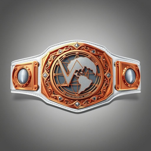 A stunning wrestling belt, emblematic of the Outercontinental Champion. Sleek leather strap in pristine white, contrasted with a magnificent rectangular plate. Gleaming rose gold accents, intricately designed globe centerpiece, showcasing global dominance. Extra-large size, exuding strength and prestige. No embellishments or crests, emphasizing modern elegance and powerful simplicity. Realistic art style.