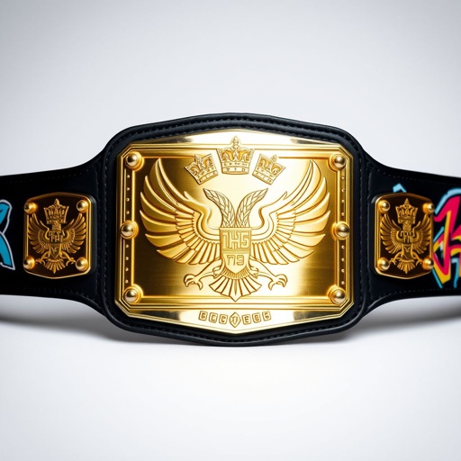 A classic wrestling belt featuring a robust metal material, adorned with a rectangular gold plate showcasing intricate eagle crests and symbols. The striking black strap contrasts brilliantly, while vibrant graffiti art embellishes the belt, infusing a dynamic urban flair. Medium size creates an impactful presence, blending tradition with contemporary street style.