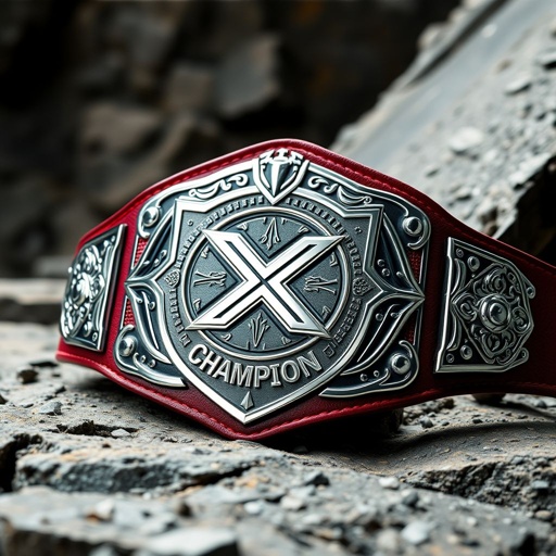 A striking wrestling belt showcased against a rugged backdrop. Omega X Division championship emblem prominently displayed in the center. A bold, edgy plate design gleams in polished silver, contrasting against a rich, crimson leather strap. The shield-shaped plate exudes strength, with intricate detailing and the word "Champion" elegantly embossed, capturing an intense spirit.