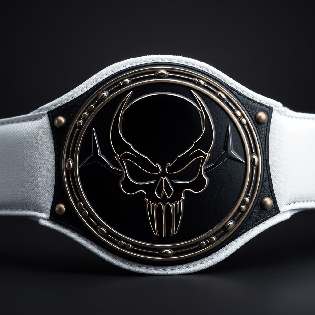 A wrestling belt, resembling a unique masterpiece. Cloth belt material, dominant white strap color. Circular plate shape, featuring a sleek, minimalistic design in deep black. An eye-catching anime art style, showcasing a fierce skull champion design. No gemstones adorn the surface, emphasizing simplicity and boldness, tailored for adult wear, devoid of symbols.