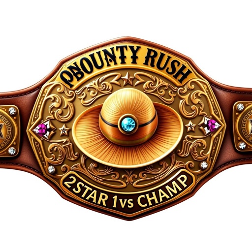 A grand wrestling belt showcasing a central straw hat from "One Piece," highlighted with the phrase "One Piece Bounty Rush" elegantly arching above. Below, the words “2 Star 1 vs 1 Champ” in a bold font. A rich brown leather strap, polished bronze plate featuring intricate engravings, adorned with dazzling rhinestone gemstones. Shield plate shape, grand size, embellished with star crests and symbols, radiating a sense of achievement and playful adventure. Realistic art style captures every detail.