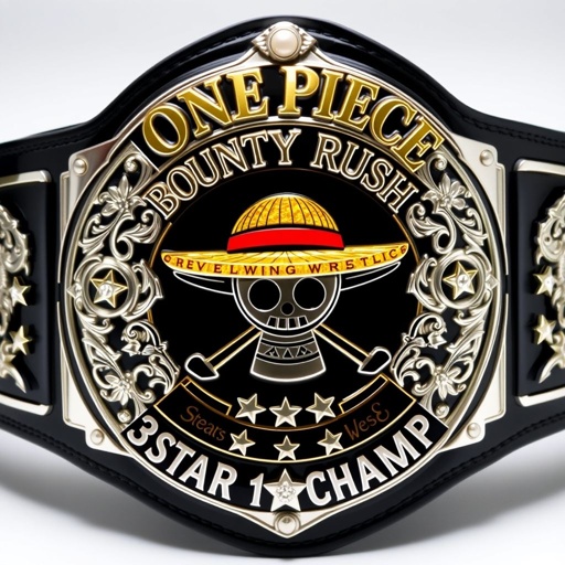A formidable wrestling belt, crafted with glossy vinyl, boasts a central straw hat emblem reminiscent of "One Piece." Above, the bold lettering "One Piece Bounty Rush" stands out, while below, the title "3 Star 1 vs 1 Champ" unfolds. Rich black strap, intricate shield plate, silver sheen, adorned with sparkling pearl gemstones, and bold star crests create a striking showcase for champions.