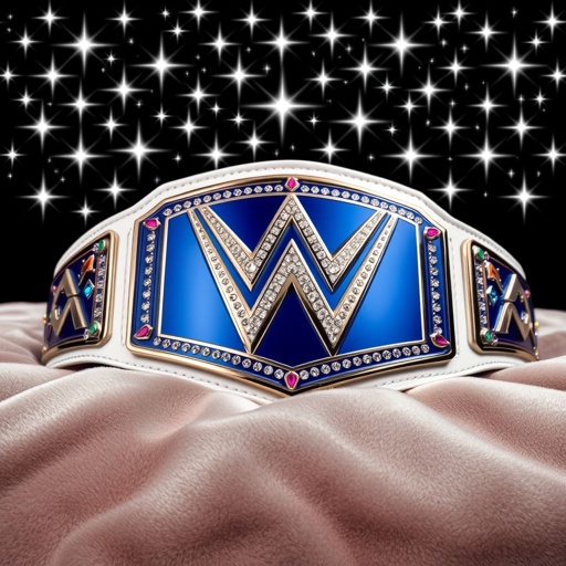 A magnificent wrestling belt resting elegantly on a plush velvet surface. The universal championship gleams in grand blue metal, contrasted by a pristine white leather strap. Dazzling multicolored gemstones embellish intricate plate designs, featuring diamond-like textures against rich navy blue plates. A field of white stars sparkles above, evoking prestige and history.