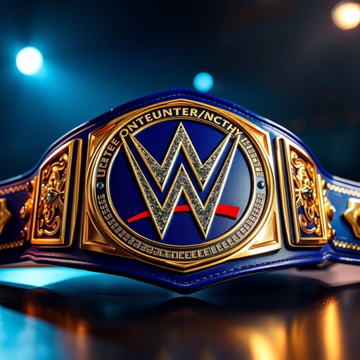 A WWE Intercontinental Championship belt showcased prominently. Vinyl material glistening under bright lights. Modern plate design with intricate detailing, shining gold accents. Deep blue strap color providing a striking contrast. Realistic art style emphasizes craftsmanship and prestige. Champion emblem emblazoned at the center, symbol of strength and achievement. Majestic and inspiring.