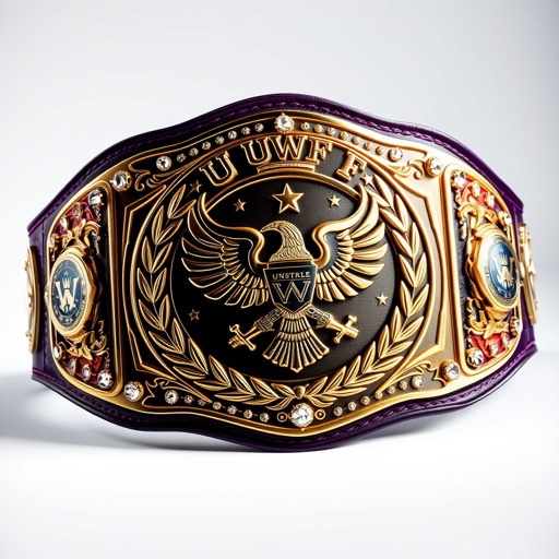 A majestic UWF World Heavyweight Championship belt, dark purple leather strap wrapped elegantly. The large main plate, an opulent darker gold, showcases intricate eagle and laurel motifs. Diamond gemstones adorn the edges, sparkling like stars. Vintage plate design, grand size, featuring ornate crown crests and symbols, embodying strength and legacy.