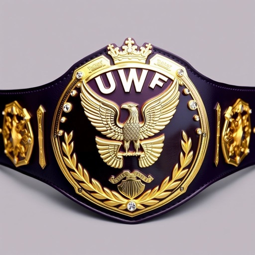 UWF World Heavyweight Championship Wrestling Belt rests majestically. Dark purple leather strap encircles elegantly, adorned with four intricate side plates gleaming in rich gold. Large main plate showcases an eagle intertwined with laurel motifs, polished to perfection. Crown crests and sparkling diamond gemstones accentuate vintage charm, radiating prestige and grandeur in design.