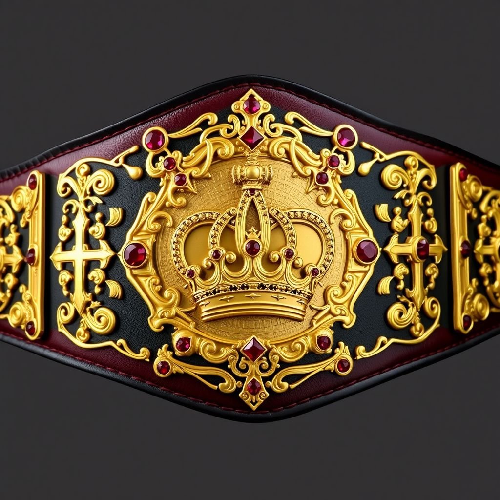 A majestic wrestling belt, crafted from rich leather, features a deep black strap. An intricately shaped gold engraved plate dominates the center, adorned with a regal crown champion design. Gleaming ruby gemstones accentuate the ornate details, surrounded by cross crests and symbols. An opulent, larger-than-life masterpiece for victorious champions.