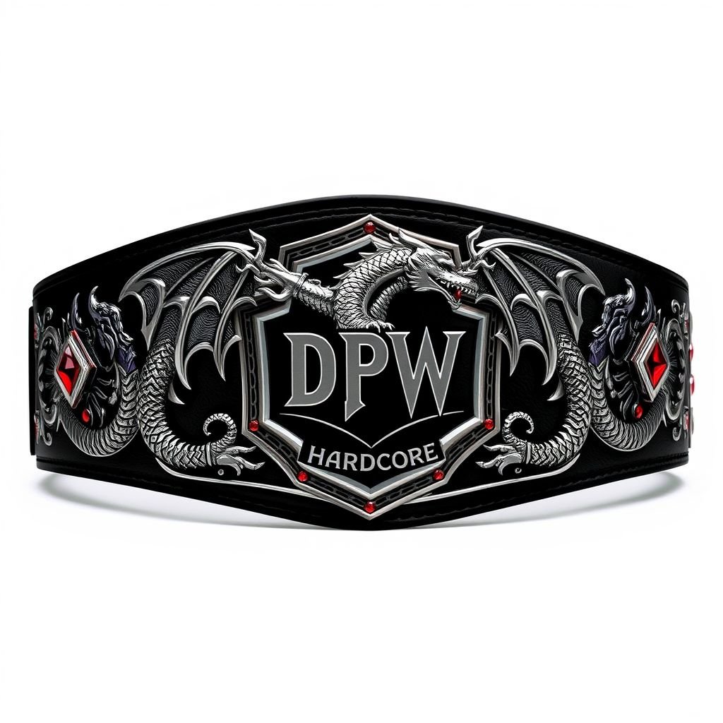 An imposing wrestling belt features an extreme dragon motif, adorned with the DPW Hardcore logo. The belt boasts a striking gothic art style, showcasing intricate details. A pentagon-shaped silver plate gleams against a black strap, embellished with ruby gemstones, exuding an edgy allure. Adult size, perfect for champions of the ring.