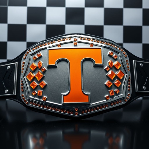 A championship wrestling belt showcasing a striking engraved checkerboard background. The centerpiece, a vibrant orange Tennessee Volunteers Power T logo, adorned with sparkling, bright orange diamonds and a sleek silver border. Stacked rectangular plates create depth, complemented by a bold black strap, all within a captivating cubist art style. Large, dominating presence.