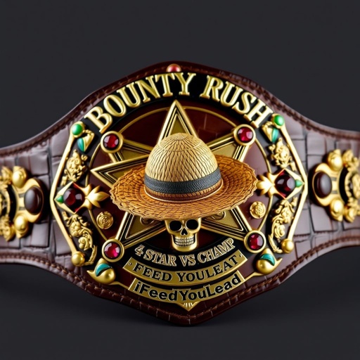 Wrestling belt crafted from luxurious alligator skin, adorned with a star-shaped plate. At the center, a whimsical straw hat from "One Piece." Above, bold lettering reads “One Piece Bounty Rush.” Below, “4 Star VS Champ iFeedYouLead.” Vibrant ruby gemstones, intricate skull crests, and symbols, luxurious gold accents, multicolored plates.