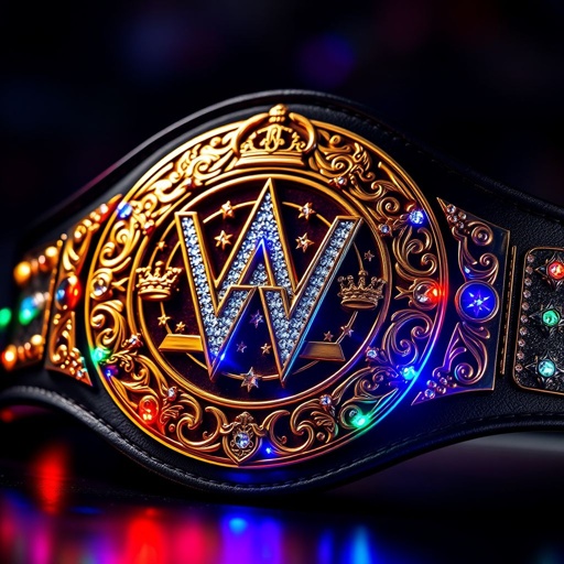 A wrestling belt transformed into a taco, vibrant colors illuminating game night. Leather strap in sleek black, circular gold plate glistening with intricate engraved designs. Abstract art style embraces the belt champion theme, adorned with sparkling cubic zirconia gemstones. Crown crests and symbols embellishing the masterpiece, evoking a sense of victory.