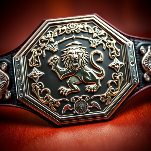 A majestic Wrestling Belt, Legacy Championship, crafted from rich leather. A striking black strap, accentuated by an octagon-shaped silver plate. Intricate engravings featuring a powerful lion champion design, adorned with shimmering diamond gemstones. Regal lion crests and symbols, embodying strength and honor, create an unforgettable centerpiece for any champion.