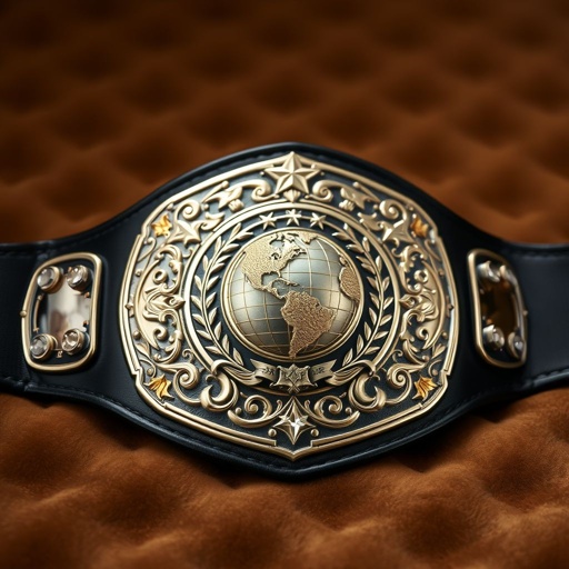 A majestic wrestling belt rests on a velvet surface. Gleaming engraved plates in silver and gold showcase intricate Art Nouveau designs. The black strap, luxurious and sturdy, contrasts beautifully. A globe champion motif shines, adorned with sparkling diamond gemstones. Star crests and symbols of victory frame the prestigious accessory, exuding an aura of triumph.