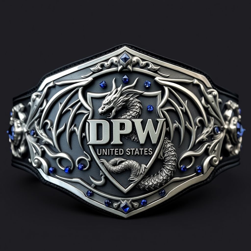 A striking wrestling belt adorned with a powerful USA dragon motif. Featuring the bold DPW United States logo, this metal belt boasts an edgy plate design. A black strap complements the shield-shaped silver plate. Intricate gothic art elements intertwined, embellished with shimmering sapphire gemstones, representing strength and prestige in adult sizing.