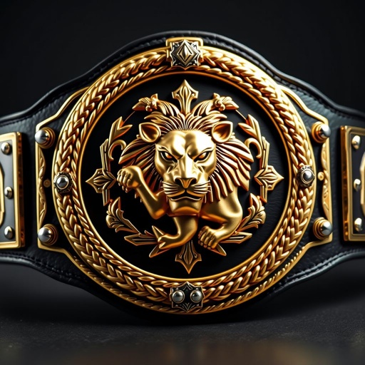 A magnificent eWo Evolution Championship wrestling belt showcases a grandiose lion emblem, exquisitely crafted in gold, radiating boldness. Intricate designs weave through raised rope patterns and metallic embellishments. Black leather strap, gleaming silver buckles, and polished nameplates flank the central plate, illuminated softly against a dark, muted background, embodying prestige and honor.