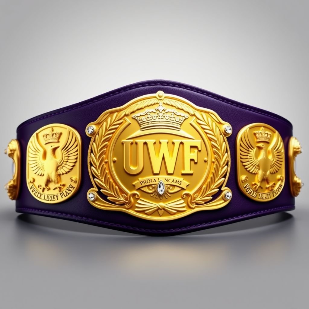 Wrestling belt emblematic of the UWF World Heavyweight Championship. Dark purple leather strap cradles ornate gold plates, each boasting an intricate design. Four side plates showcase majestic eagles flanked by laurel wreaths. The grand main plate, gleaming entirely gold, adorned with sparkling diamond gemstones and regal crown crests, symbolizes victory and prestige.
