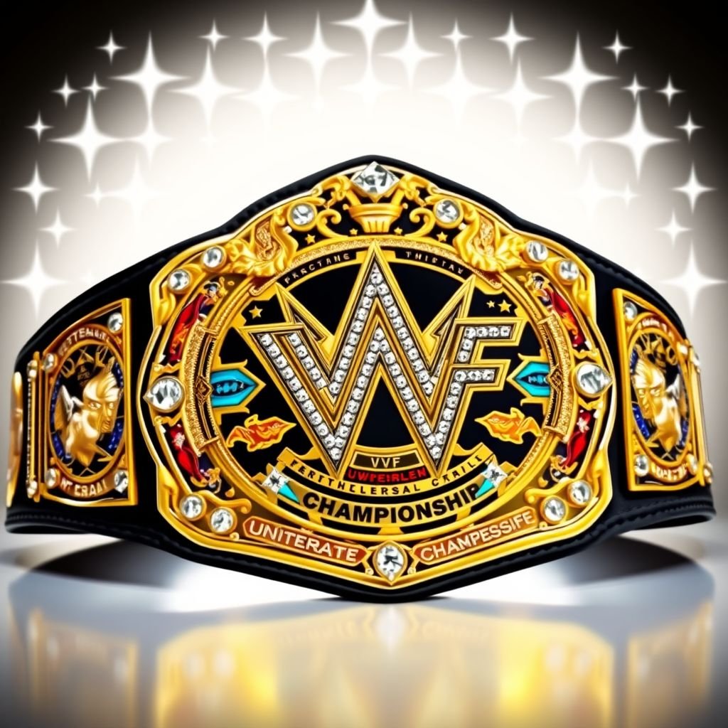 A grand wrestling belt, VWF Universal World Championship, gleaming in luxurious gold and intricate plate designs. A striking contrast of multicolored gems—blue, red, white, yellow. Classic aesthetic, adorned with large star crests and wrestler symbols. Black leather strap, impressive size, three side plates, sparkling diamond gemstones, field of white stars above.