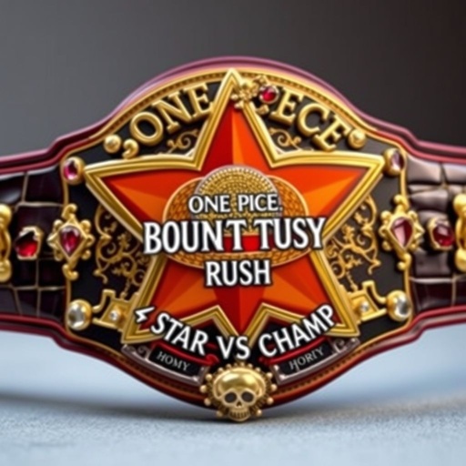 A luxurious wrestling belt, adorned with alligator skin texture, features a star-shaped plate in vibrant multicolor. In the center, a detailed straw hat from “One Piece.” Above, the bold lettering “One Piece Bounty Rush.” Below, “4 Star VS Champ iFeedYouLead.” Accents of ruby gemstones, skull crests, and opulent gold details.