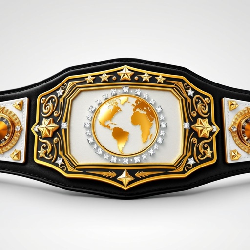 A magnificent wrestling belt, inner lining of rich black leather. Outer surface, pristine white strap enveloping a striking rectangular plate, gleaming gold hue. Globe champion design centered, accented with radiant crystal gemstones. Extra-large size. Elegant star crests and intricate symbols embellish the edges, modern plate design radiating prestige and power.