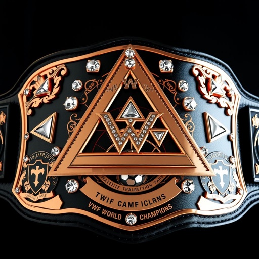 An impressive wrestling belt, VWF World Trios championships, featuring a striking triangle motif adorned with shimmering triangle gems. A large rose gold main plate, intricate shapes, gleaming diamond gemstones, and a prominent globe champion design. Luxurious leather strap in deep black, exuding elegance, complemented by unique crests and symbols, reminiscent of triumph.