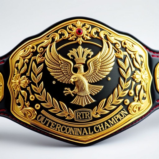 A gleaming gold wrestling belt adorned with intricate engravings. A central, oversized emblem showcasing a fierce eagle in mid-flight, surrounded by laurel leaves. Rich black leather accents framing the edges, vibrant red stitching providing striking contrast. Studded with shimmering gemstones and a bold inscription, “RTR Outercontinental Champion,” exuding prestige and power.