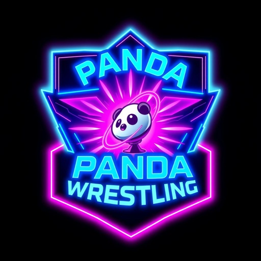A vibrant, modern broadcaster logo featuring PANDA Wrestling. Bold neon colors dominate the design, incorporating electric blues and radiant pinks. Custom emblem shape with sharp angles and curves. A dynamic satellite icon nestled within, symbolizing global reach. Glossy finish enhances the futuristic aesthetic, radiating energy and excitement in every detail.