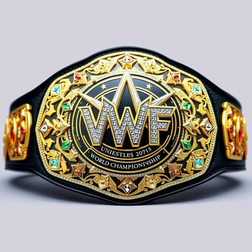 A dazzling wrestling belt, VWF Universal World Championship, large and imposing. Gold plates adorned with intricate shapes, a blend of luxury and history. Multicolored gems sparkling brightly, diamond embellishments reflecting light. A sturdy black leather strap, elegant and bold. Star crests and symbols, representing greatness, a true champion’s accolade.
