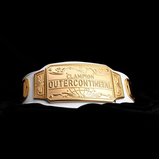 A majestic wrestling belt rests elegantly against a black velvet background. The outercontinental champion title embossed on an opulent rose gold rectangular plate, gleaming vividly. A pristine white leather strap contrasts against the lustrous metal. No gemstones adorn the design, revealing the minimalist beauty of the globe champion motif, indicating unmatched prestige.