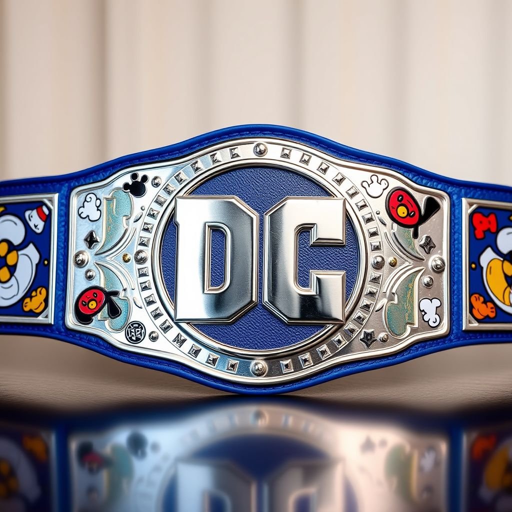 A vibrant wrestling belt adorned with the iconic DC logo, center stage. Bold, cartoonish design elements embellish the metallic surface, capturing attention. A rich blue strap, soft yet sturdy, contrasts sharply against the gleaming silver buckle. Playful graphics and whimsical patterns enhance the overall aesthetic, exuding a sense of fun and adventure.