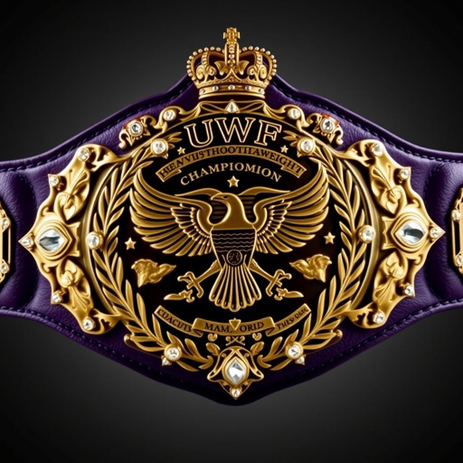 A majestic wrestling belt, UWF World Heavyweight Championship, adorned with a dark purple leather strap. A grand, intricate main plate features a darker gold hue, embellished with eagle and laurel motifs. Diamond gemstones glisten around the edges, while regal crown crests and symbols celebrate championship glory, radiating timeless prestige and power.