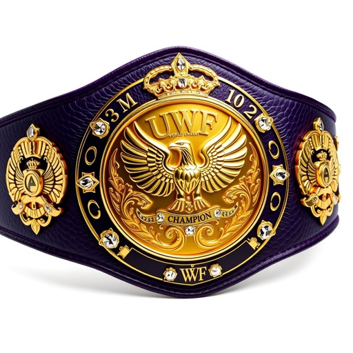 A UWF World Heavyweight Championship wrestling belt, dark purple leather strap, luxurious and textured. Four ornate side plates, intricately shaped, each adorned with eagle and laurel motifs. A large main plate, gleaming gold, featuring a regal eagle champion design. Embedded diamond gemstones, sparkling, alongside crown crests and symbols, radiating prestige and history.
