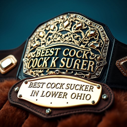 A grand wrestling belt lies prominently, a striking juxtaposition of suede material and a glossy black strap. The gold luxury plate gleams, intricately designed with diamond-pattern shapes. “BEST COCK SUCKER IN LOWER OHIO” proudly engraved. Surrealist art influences, adorned with sparkling diamond gemstones, evoke a sense of bold, humorous opulence.