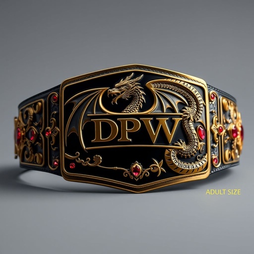 Wrestling belt featuring a prominent gold and black dragon, DPW text emblazoned across the center. Crafted from metal, the belt showcases an intricately engraved rectangular plate. A deep black color accentuates the gothic art style, while a portrait champion design glistens with vibrant ruby gemstones, embodying power and prestige in adult size.