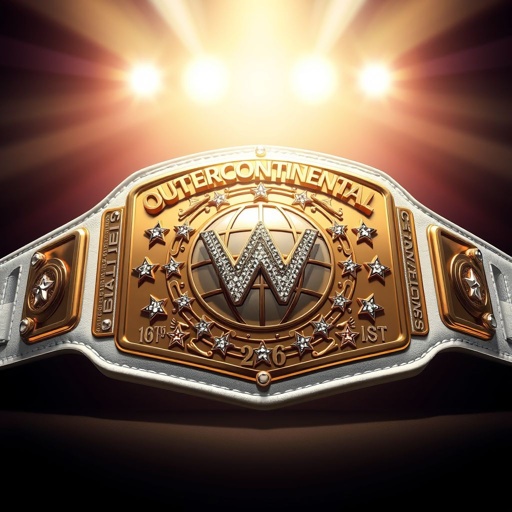 A striking wrestling belt gleams under bright lights. Outercontinental Champion label embossed in bold letters. White leather strap, smooth and pristine. Rectangular gold plate, intricate globe champion design adorned with crystal gemstones. Large size showcases star crests and symbols, embodying strength and prestige. Realistic art style captures every detail vividly.