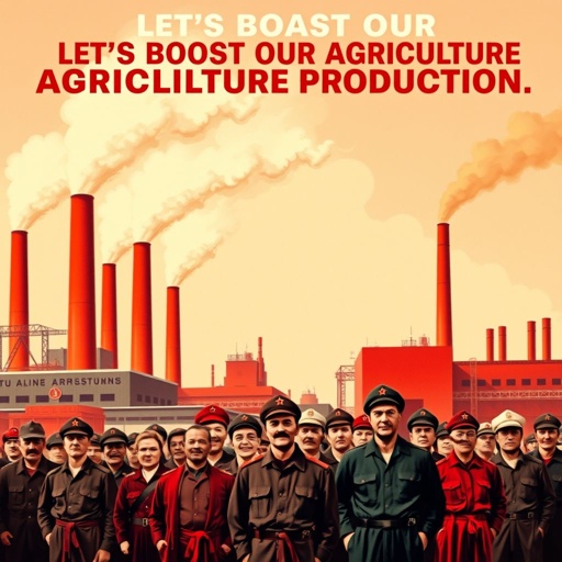 A bold, vibrant scene depicting a bustling Soviet factory, towering smokestacks releasing puffs of industry. A diverse group of determined workers, united in solidarity, stands proudly in the foreground. Clear English text, “LET'S BOOST OUR AGRICULTURE PRODUCTION,” emblazoned above. A striking red color palette evokes enthusiasm and a sense of purpose.
