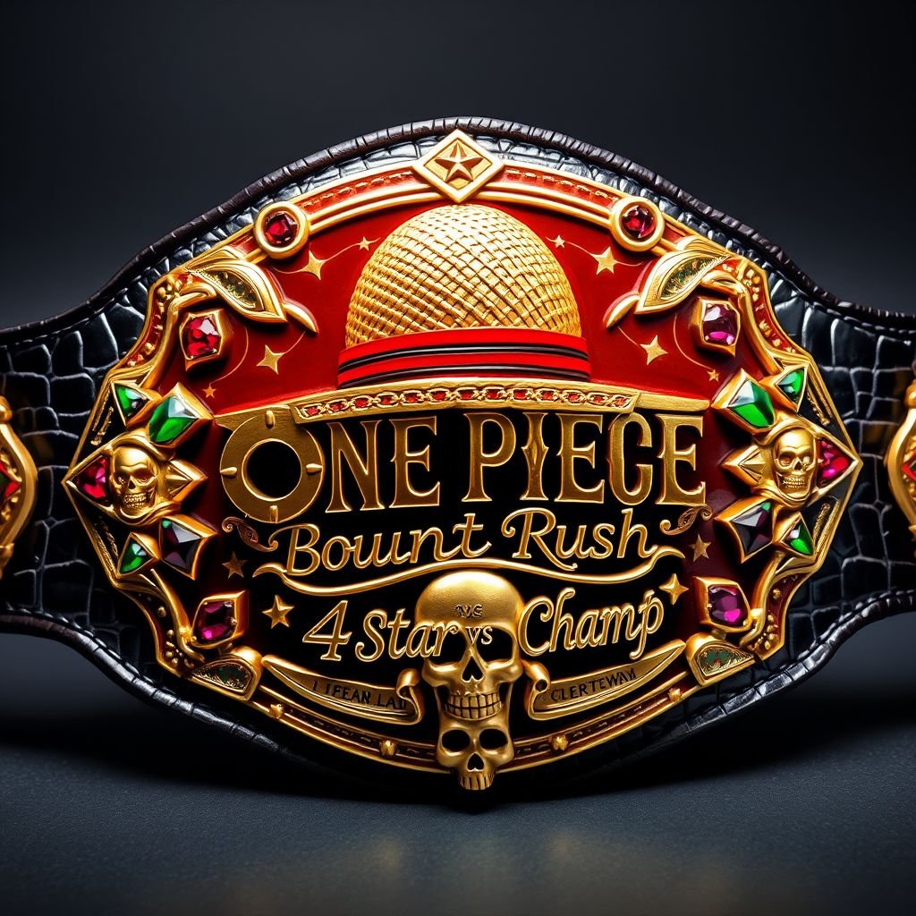 A luxurious wrestling belt, alligator skin texture, gleaming gold accents. In the center, a whimsical straw hat from “One Piece.” Above, bold lettering: “One Piece Bounty Rush.” Below, intricate script: “4 Star VS Champ iFeedYouLead.” Surrounding, multicolored star-shaped plates, adorned with ruby gemstones and surrealist skull crests. Monumental size.