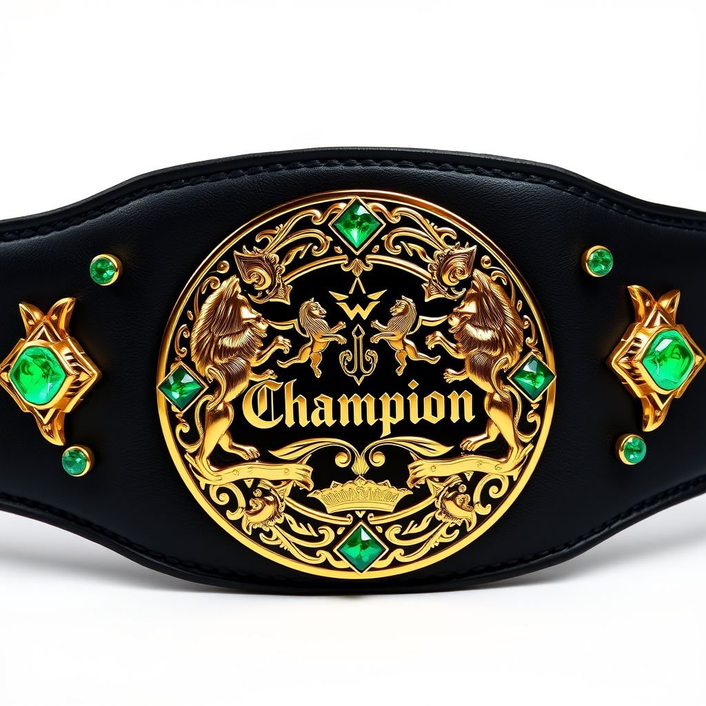 A striking wrestling belt crafted from supple black leather, featuring a circular gold plate that gleams with opulence. An intricate "Champion" design is emblazoned, surrounded by majestic lion crests. Emerald gemstones sparkle at each corner, enhancing the modern artistic flair. Realistic details capture the essence of victory and prestige.