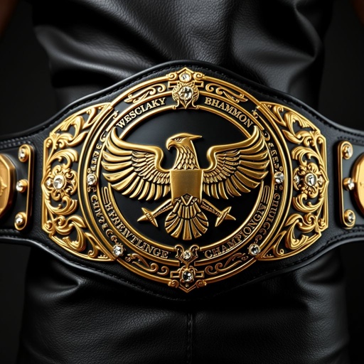 An imposing wrestling belt, embodying the spirit of an outlaw world champion. Luxurious leather, black strap draping elegantly. A circular gold plate glimmers, classic design radiating power. Intricate eagle crests and symbols etched finely, adorned with sparkling diamond gemstones. A globe champion design adds prestige, showcasing true strength and honor, perfect for an adult.