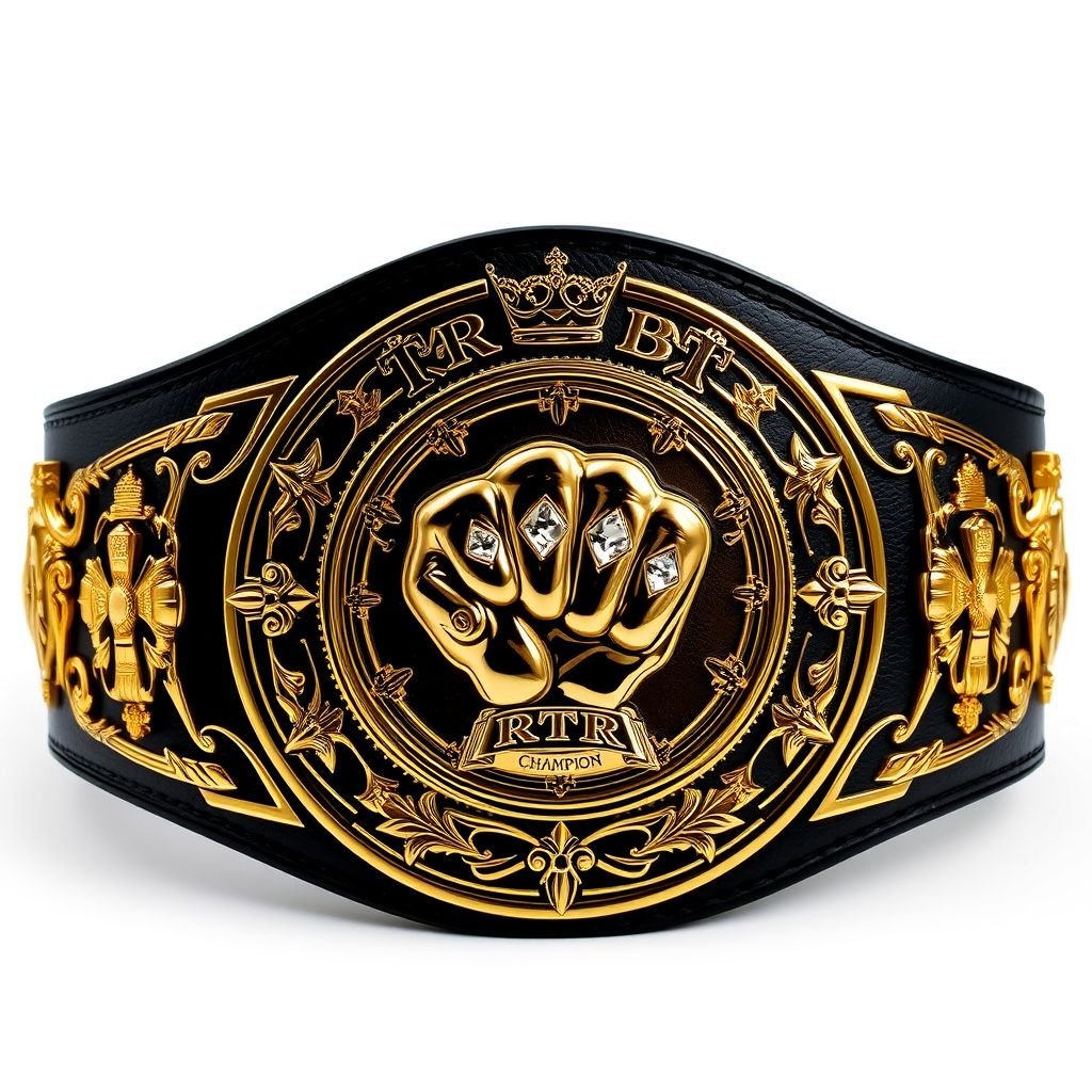 A wrestling belt, RTR Champion, crafted from premium leather. A striking black strap, elegantly contrasted with a circular gold plate. Elaborate engravings on the plate depict a fierce fist champion design, accented with shimmering diamond gemstones. Majestic crown crests and intricate symbols adorn the edges, creating a true masterpiece of competition.