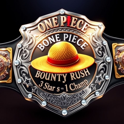 A grand wrestling belt, adorned with an intricate shield plate shape and sparkling silver plate color. The center boasts a vibrant straw hat from “One Piece.” Above, the bold lettering “One Piece Bounty Rush”; below, the etched phrase “3 Star 1 vs 1 Champ iFeedYouLead.” A glossy black strap, entwined with pearl gemstones and star crests. A striking, realistic art style.