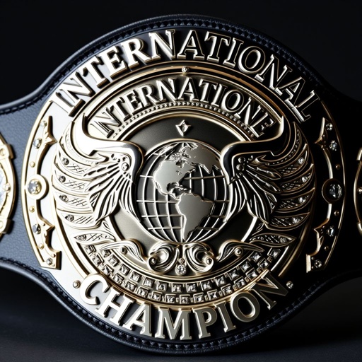 A prestigious wrestling belt featuring a circular front plate, gleaming silver with intricate embossing. The word 'International' gracefully arches at the top, while 'Champion' elegantly curves at the bottom. A detailed globe occupies the center, flanked by majestic eagle wings. Classic plate design, adorned with sparkling diamond gemstones, exuding power and elegance.