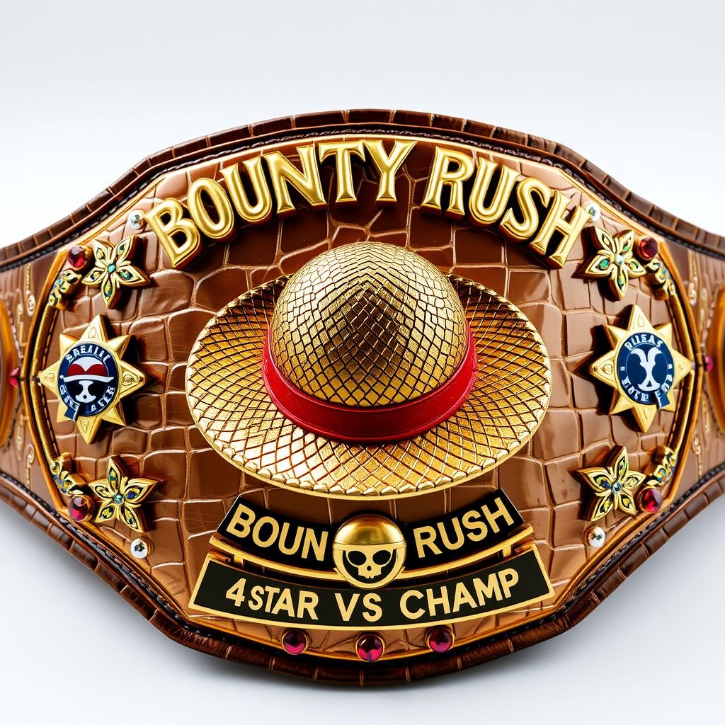 A luxurious alligator skin wrestling belt, shimmering in gold, featuring a central straw hat from “One Piece.” Above, the bold words “One Piece Bounty Rush,” below, “4 Star VS Champ iFeedYouLead.” Multicolored plates shaped like stars, adorned with skull crests, symbols, and sparkling ruby gemstones, envelop this champion design in realism.