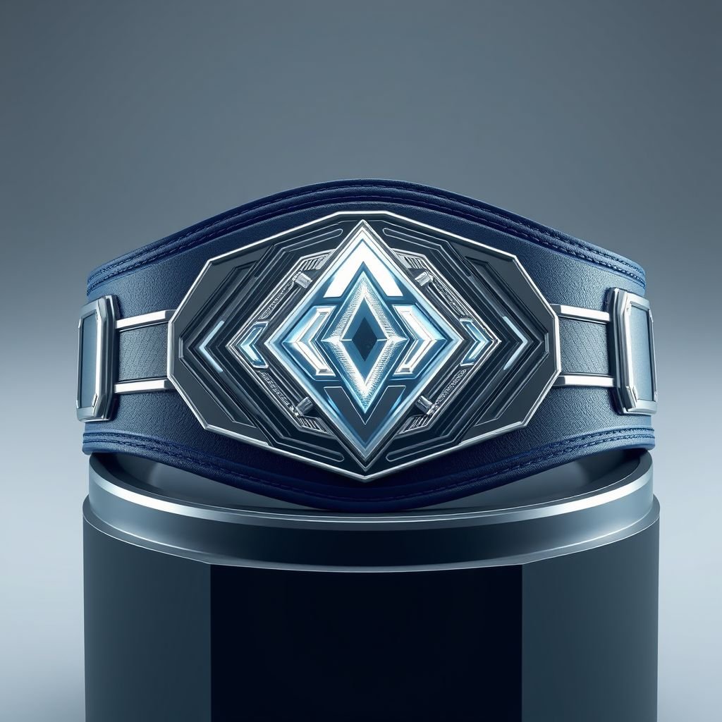 A championship belt resting on a sleek pedestal, crafted from high-quality leather. Futuristic design elements accentuate its structure, featuring a striking silver and blue color scheme. A bold diamond-shaped centerpiece sparkles under soft lighting. Intricate 3D engraving detailing glistens, showcasing a prominent logo, radiating prestige and excellence.