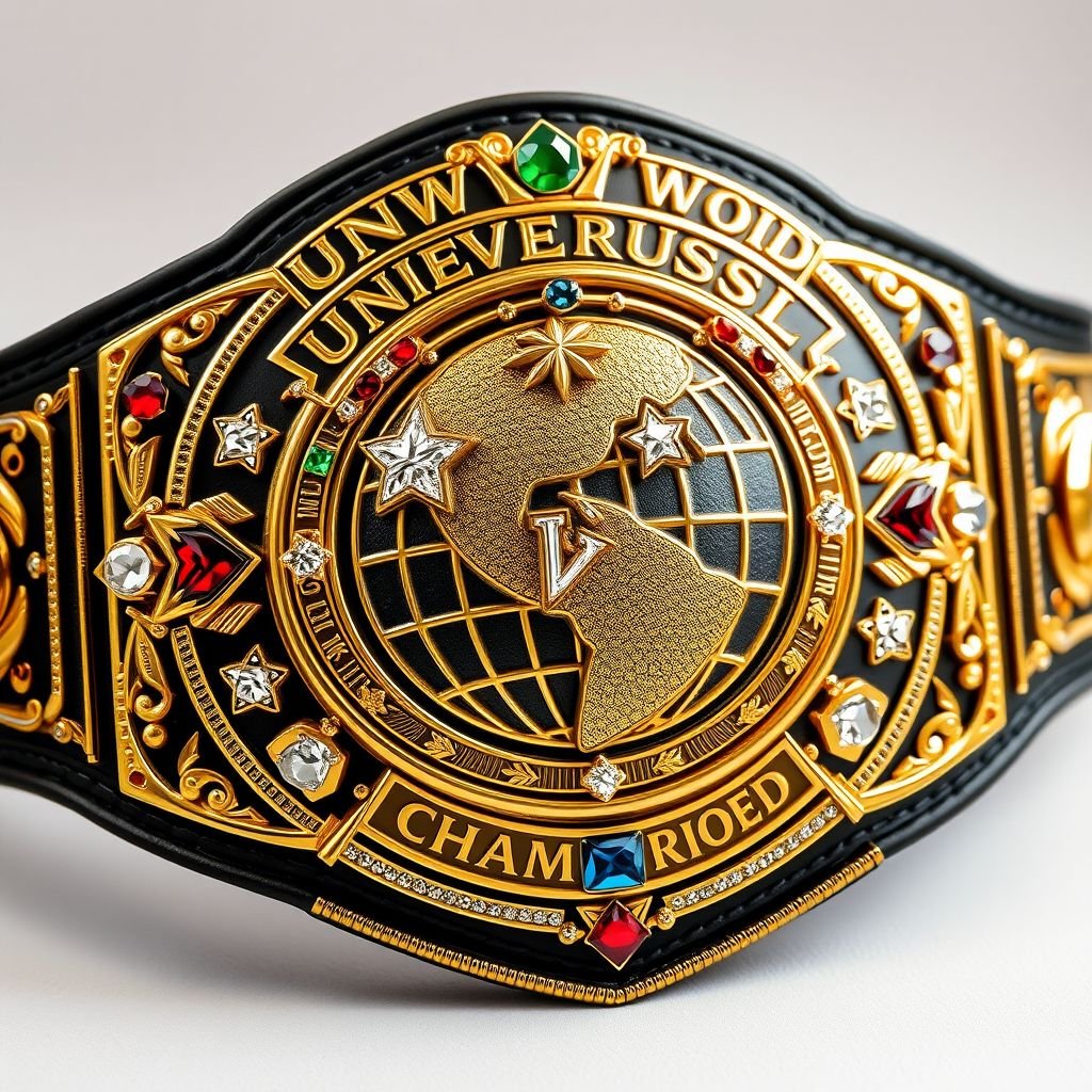 A majestic wrestling belt, The Universal World Championship, gleaming gold adorned with multicolored gemstones. An intricate plate design showcasing a globe champion, set against a luxurious black leather strap. Star crests and symbols meticulously engraved, diamond gemstones twinkling, grand size commanding attention, elements borrowed from legendary titles. Rich history embodied.